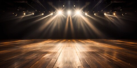 Dark empty stage with wooden floor and spotlights 