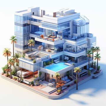3D model a blue modern hotel with swimming pool and palms, isometric illustration, render from blender in minimalism style, high quality details, isolated on white background.