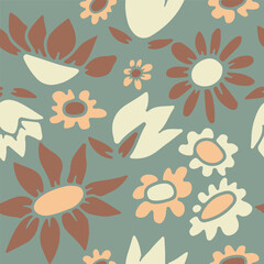 Colorful seamless pattern with abstract retro wildflowers on blue background. Vintage floral digital paper