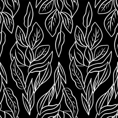 Monochrome seamless pattern with tropical leaves on black background. Line art botanical wallpaper