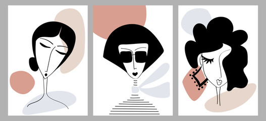 A set of creative abstract female portraits. Minimalist vector icon of people. For postcards, tee print, wall art, poster, cover, packaging, web, story design in social networks.