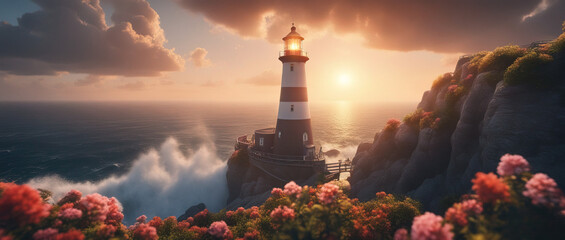 Waves of an ocean beating against a cliff on which there is a beautiful lighthouse against the backdrop of a sunset sky with clouds. Impressive and dynamic landscape. Flower field in foreground.