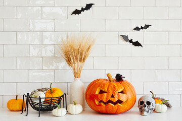 Happy Halloween concept. Festive decorations, Jack o lantern, pumpkins, skull, bats in nordic style...