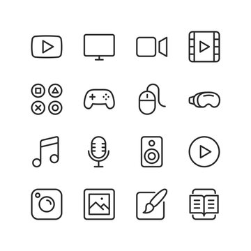 Multimedia, linear style icons set. Symbols for video, games, music, graphics and text. Digital content. Editable stroke width
