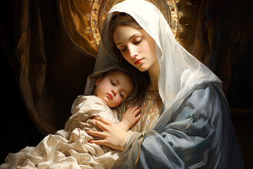 Holy Virgin Mary with Child Jesus. Generative AI