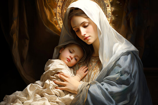 Holy Virgin Mary with Child Jesus. Generative AI
