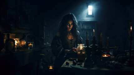 Fototapeta na wymiar Beautiful witch making the witchcraft in a dark and scary dungeon. Halloween image.
