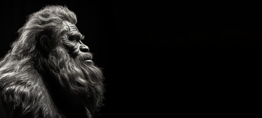 Black and white photorealistic studio portrait of an old bigfoot on black background with copy space - obrazy, fototapety, plakaty
