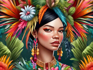 A Detailed Colorful flowers Eyes And Hair Beautiful African Woman Style Illustration