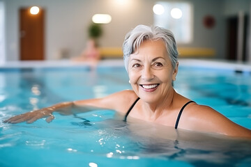 Elderly happy woman with gray hair and black swimsuit swims in the pool