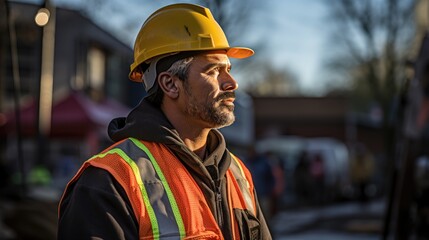 Fototapeta premium Construction worker wearing helmet and fluorescent waistcoat while looking at construction site. Occupational Safety and Health. Generative AI