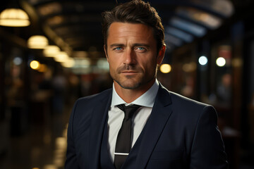 Fototapeta premium A business portrait of a man dressed in a suit looks seriously and confidently ahead. Business and success concept. Generative Ai.
