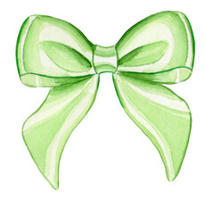 Hand-painted watercolor illustration of a green silky bow isolated on white background. Perfect for logos and branding.  Perfect for Christmas and New Year decorations, and season greeting cards.