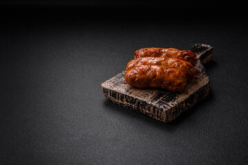 Delicious juicy grilled sausages with salt, spices and herbs