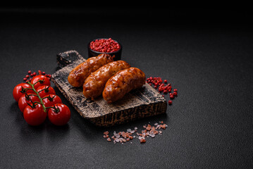 Delicious juicy grilled sausages with salt, spices and herbs