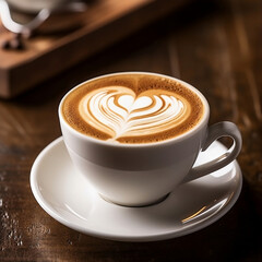 Close-Up of Freshly Brewed Cappuccino with Creamy Foam Forming a Heart on the Brim. 