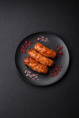Delicious juicy grilled sausages with salt, spices and herbs