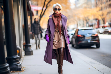 Fototapeta premium A beautiful elderly woman with gray hair and makeup walks along the city street in a purple raincoat and brown leather dress