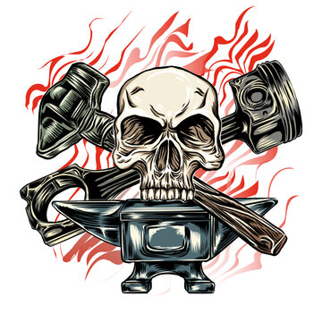 motorcycle club emblem with anvil and skull