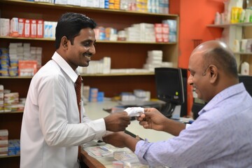 Fototapeta na wymiar a pharmacist in a pharmacy dispenses medicines to a customer