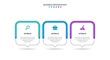 Timeline infographic with infochart. Modern presentation template with 3 spets for business process. Website template on white background for concept modern design. Horizontal layout.