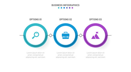 Timeline infographic with infochart. Modern presentation template with 3 spets for business process. Website template on white background for concept modern design. Horizontal layout.