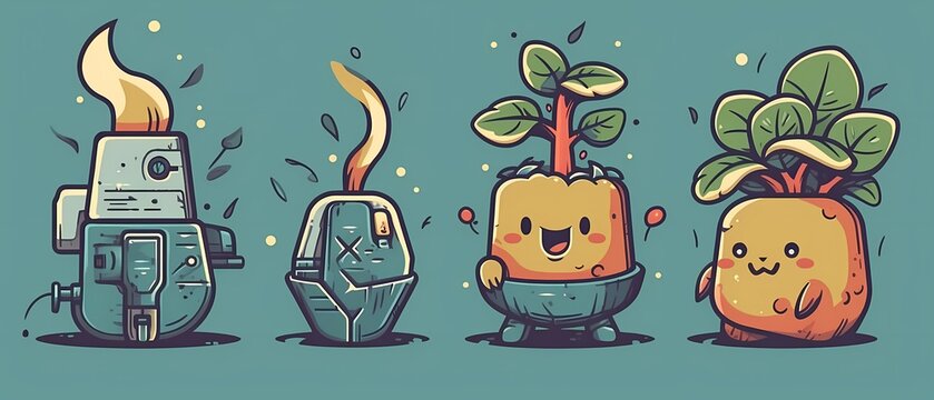 Smiling child cartoon people character, young kids withelectricity generator