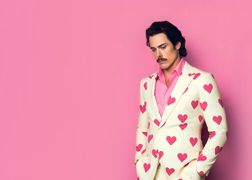 Handsome man wears suit with hearts and pink shirt, irresistible lover, seducer and womanizer, creative concept inspired by Valentine's Day.