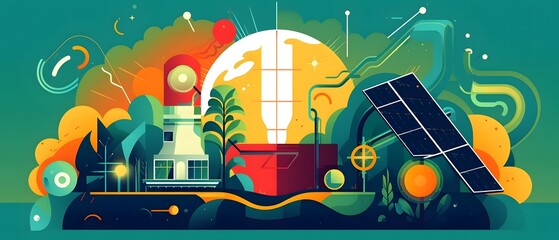 Solar field panels producing power renewable alternative electricity, environment industry sun plant energy