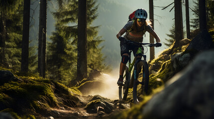 Mountain biking woman riding on bike in summer mountains forest landscape
