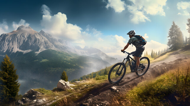 Mountain biking woman riding on bike in summer mountains forest landscape © Clipart Collectors