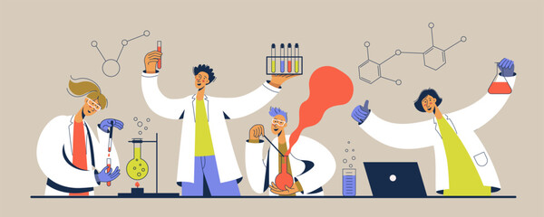 Scientists chemical researchers working with lab equipment. People in white coats in laboratory