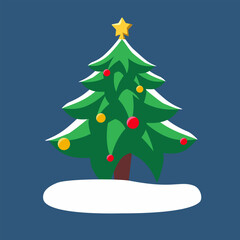 Festively decorated Christmas tree on the snow. Isolated vector illustration.