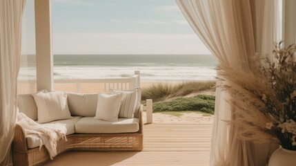 Fototapeta na wymiar Generative AI, Beach aesthetic villa house and coast landscape, muted colors, minimalism