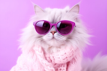 Beautiful white fluffy cat in purple glasses and with a pink scarf posing on a purple background