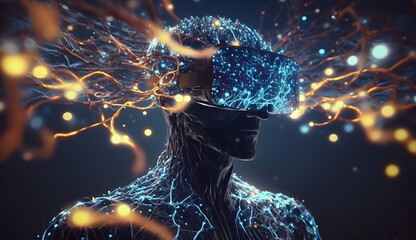 Brain neural human head, mind artificial intelligence technology, ai concept cyborg science brain with neurons - obrazy, fototapety, plakaty