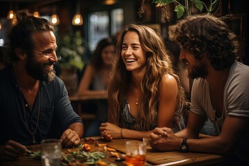 Friends gathered around a table at a vibrant cafe, sharing stories and hearty laughs, creating an atmosphere of joy and connection