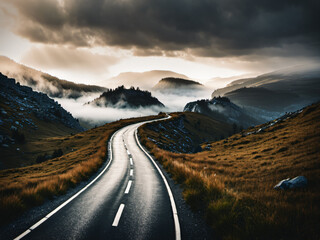 Windy wavy mountain road long view mist sky clouds - Powered by Adobe