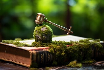 Wooden judge gavel and book on moss in green nature background