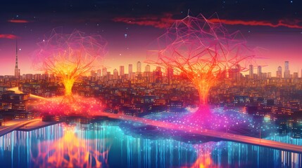 City civilization and neuro cell, urbann neural brain illustration, glow nerve, science ai, artificial intelligence