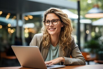 An attractive woman wearing glasses is looking at her laptop