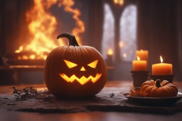 Fototapeta premium Halloween pumpkin and candles on the table, with a fire burning in the background