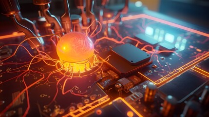 Obraz premium Neuro computer with cell, artificial intelligence neural network, quantum computer or neural brain, neural networks