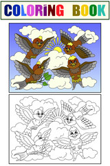 Set coloring and color book. Four sparrows in the sky. Children vector