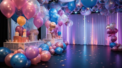 A room filled with lots of balloons and confetti