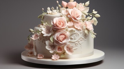 A white cake with pink flowers on top