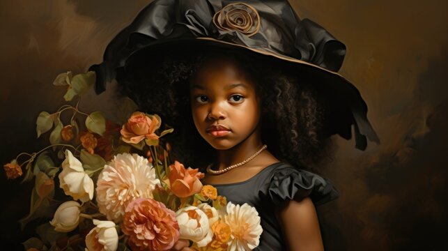 A little girl with a big hat holding a bunch of flowers