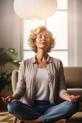 Middle aged woman meditating at home with eyes closed, relaxing body and mind in a living room. Mental health and meditation for no stress concept. Self care and wellbeing. High quality photo