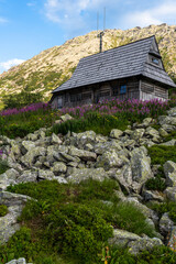 Wooden alpine hut in high Tatra Mountains in Poland at summer. Scenic landscape and nature