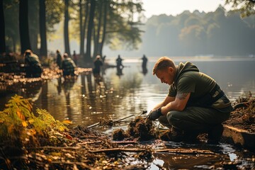 A dedicated group of environmentalists and volunteers gathered around a serene lake, tirelessly working to remove trash and debris to restore the purity of the water